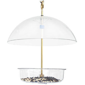 Droll Yankees Seed Saver Bird Feeder with a clear adjustable dome and deep bowl, perfect for various bird foods, keeping them dry and fresh.