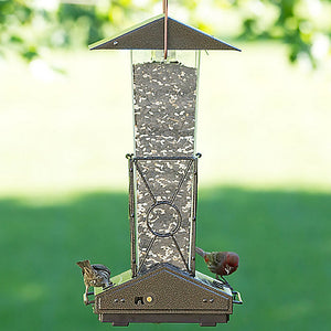 Fortress Squirrel Proof Bird Feeder with birds feeding on weight-activated perches that close under squirrel weight, featuring six feeding ports and weather guards.