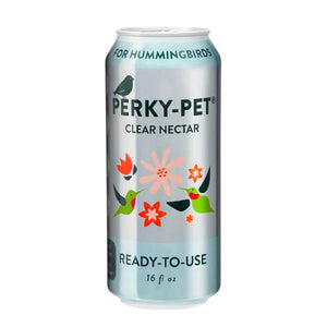 Perky-Pet® Ready-To-Use Clear Hummingbird Nectar, 16 oz. aluminum can, featuring bird-friendly recipe with no red dyes, easy to pour and recycle.