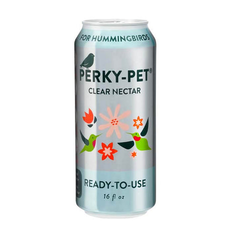 Perky-Pet® Ready-To-Use Clear Hummingbird Nectar, 16 oz. aluminum can, featuring bird-friendly recipe with no red dyes, easy to pour and recycle.