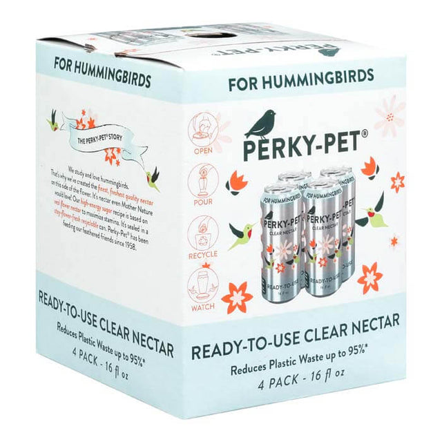 Perky-Pet® Ready-To-Use Clear Hummingbird Nectar, 16 oz., Box of 4, features four aluminum cans of clear nectar with floral designs.