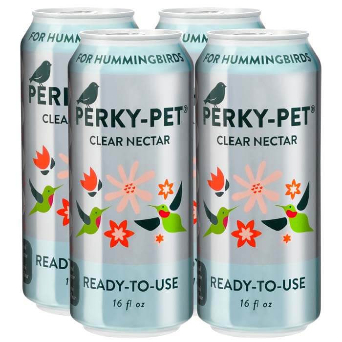 Perky-Pet® Ready-To-Use Clear Hummingbird Nectar, 16 oz., Box of 4, displayed as aluminum cans, bird-friendly, no dyes, easy to use.