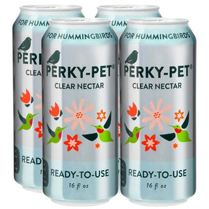 Perky-Pet® Ready-To-Use Clear Hummingbird Nectar, 16 oz., Box of 4, displayed as aluminum cans, bird-friendly, no dyes, easy to use.