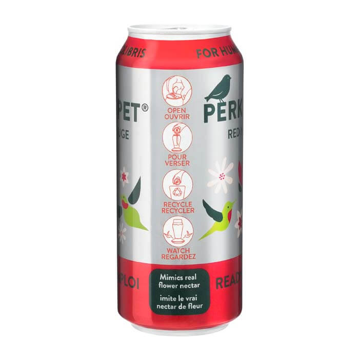 Perky-Pet® Ready-To-Use Red Hummingbird Nectar, 16 oz., in an easy-to-use aluminum can with a red and silver label, designed for hummingbird feeders.