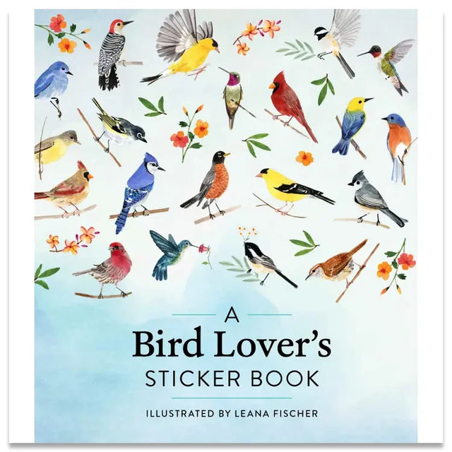 A Bird Lover’s Sticker Book cover featuring watercolor bird illustrations like hummingbirds and cardinals, showcasing over 675 hand-painted stickers for bird enthusiasts.