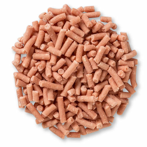 Suet To Go Berry Pellets: A pile of pink sprinkles-like suet pellets, perfect for attracting birds. High-energy, no-melt, vegetable-based, and easy to handle in a resealable bag.