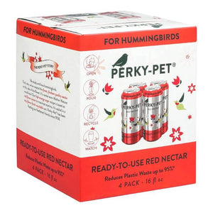 Perky-Pet® Ready-To-Use Red Hummingbird Nectar, 16 oz., Box of 4, featuring aluminum cans, easy-to-use, bird-friendly nectar, no artificial dyes, just pour and recycle.