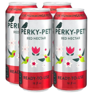 Perky-Pet® Ready-To-Use Red Hummingbird Nectar, 16 oz., Box of 4, showing four aluminum cans with bird and flower designs, ready to pour into feeders.