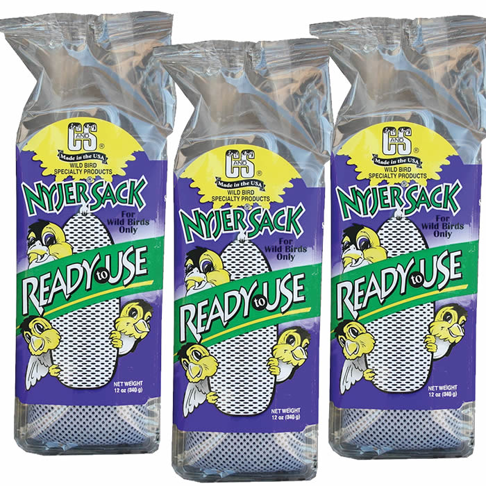 Filled Nyjer® Stocking, Set of 3, pre-filled with Nyjer® seed, featuring mesh openings for easy finch feeding, packaged for convenient storage and use.