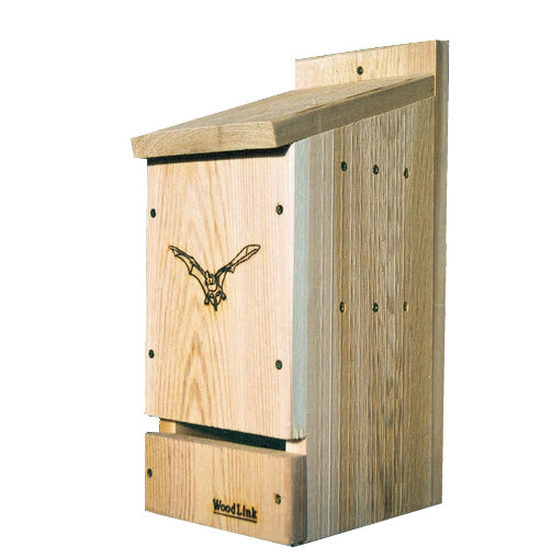 Wooden Bat Cottage with engraved bat design, featuring a front ventilation panel and a drawer, made from weather-resistant cedar, housing up to 30 bats.