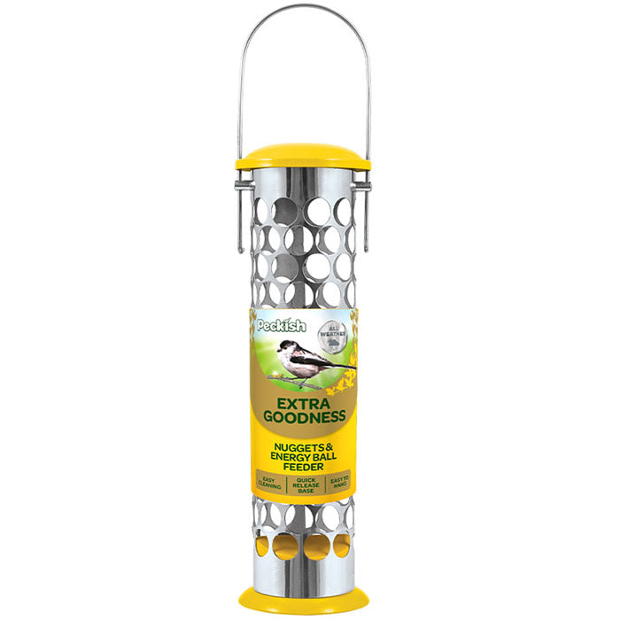 Extra Goodness Feeder Suet Ball & Peanut Feeder with yellow lid, stainless steel mesh cylinder, removable top and bottom, holds suet balls or whole peanuts.