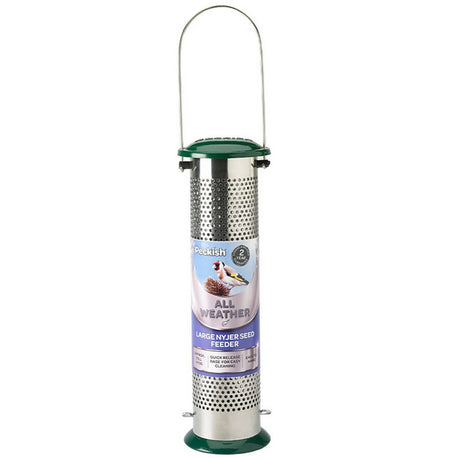 All Weather Finch Feeder with metal mesh, a removable bottom for easy cleaning, and a plastic insert to reduce mess. Holds 2 lbs of Nyjer® seeds.