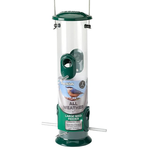 All Weather Seed Feeder, a cylindrical bird feeder with green cover, wire hanger, four metal feeding ports, and a durable powder-coated finish.