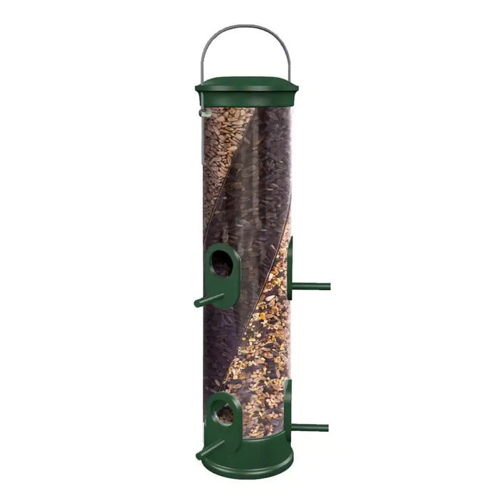 All Weather 3 Seed Twist Feeder with green tube, six feeding ports, and three chambers for different seeds. Easy to fill, clean, and hang.