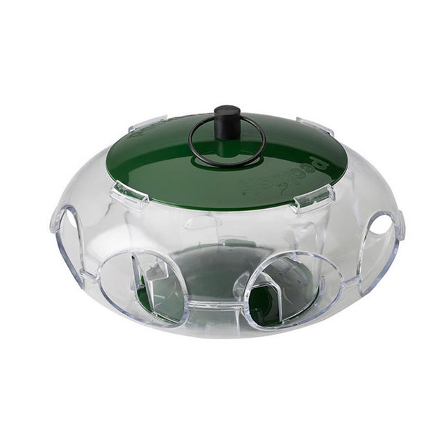 Small Bird Seed Feeder with green lid, clear plastic body, multiple feeding stations, and wide click top lid for easy filling and cleaning.