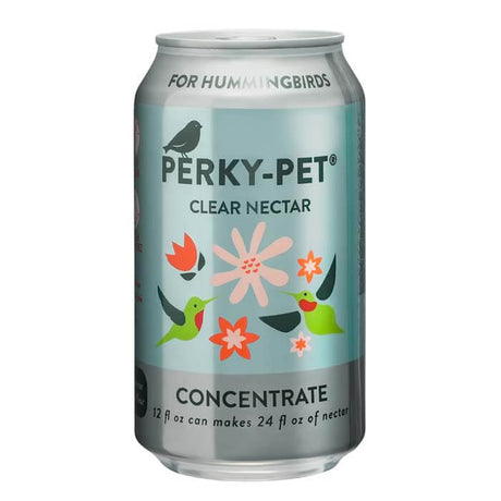 Perky-Pet® Clear Hummingbird Nectar Concentrate, 12 oz. can with bird and flower illustrations. Easy-to-use, no red dyes, makes 24 oz. of nectar.