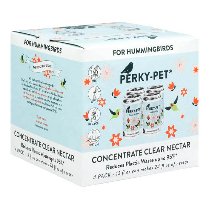 Perky-Pet® Clear Hummingbird Nectar Concentrate, 12 oz., Box of 4, featuring lightweight aluminum cans with black text and flower design, essential for bird feeding.