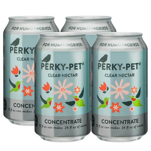 Perky-Pet® Clear Hummingbird Nectar Concentrate, 12 oz., Box of 4, aluminum cans arranged together, highlighting bird-friendly nectar with no artificial dyes.