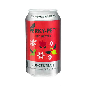 Perky-Pet® Red Hummingbird Nectar Concentrate, 12 oz., aluminum can, close-up of packaging text and can design, mimicking real flower nectar, bird-friendly recipe.