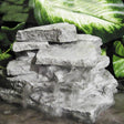 Layered Waterfall Rock Pump: stacked rocks with flowing water, designed for birdbaths, featuring a 120 GPH built-in pump for a continuous gentle trickle.