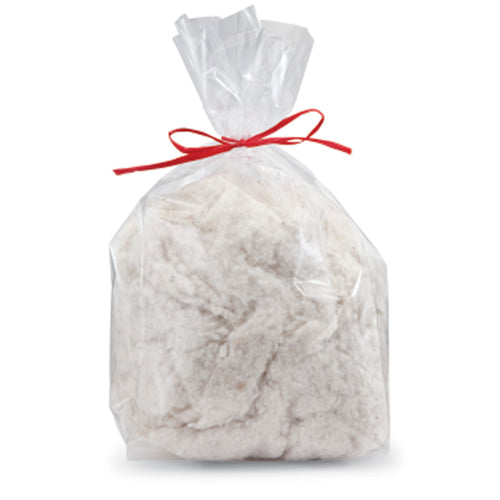 Cotton Nester Refill: A plastic bag filled with soft, white cotton fibers. Ideal for bird nesting, with a red ribbon tied around the bag.