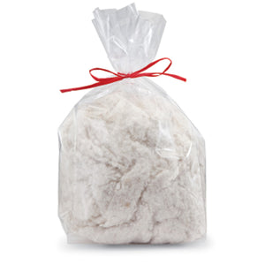 Cotton Nester Refill: A plastic bag filled with soft, white cotton fibers. Ideal for bird nesting, with a red ribbon tied around the bag.