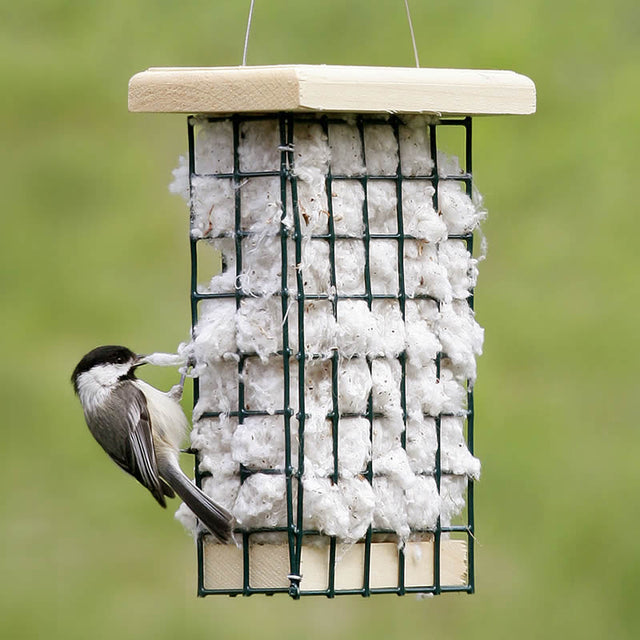 Duncraft Hanging Nesting Basket with a bird perched on the bird feeder, featuring a green wire basket filled with soft cotton and wood roof.