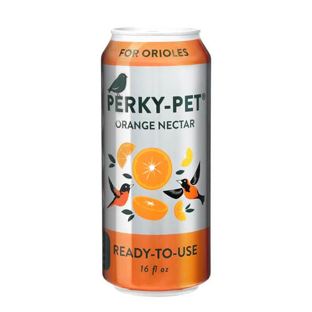 Perky-Pet® Ready-To-Use Orange Oriole Nectar, 16 oz. can, featuring an aluminum beverage can with an orange flavor label, ideal for attracting and nourishing orioles.