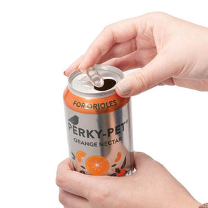 Perky-Pet® Ready-To-Use Orange Oriole Nectar, 16 oz., shown with a hand opening the easy-to-use aluminum can, ideal for attracting and nourishing orioles.