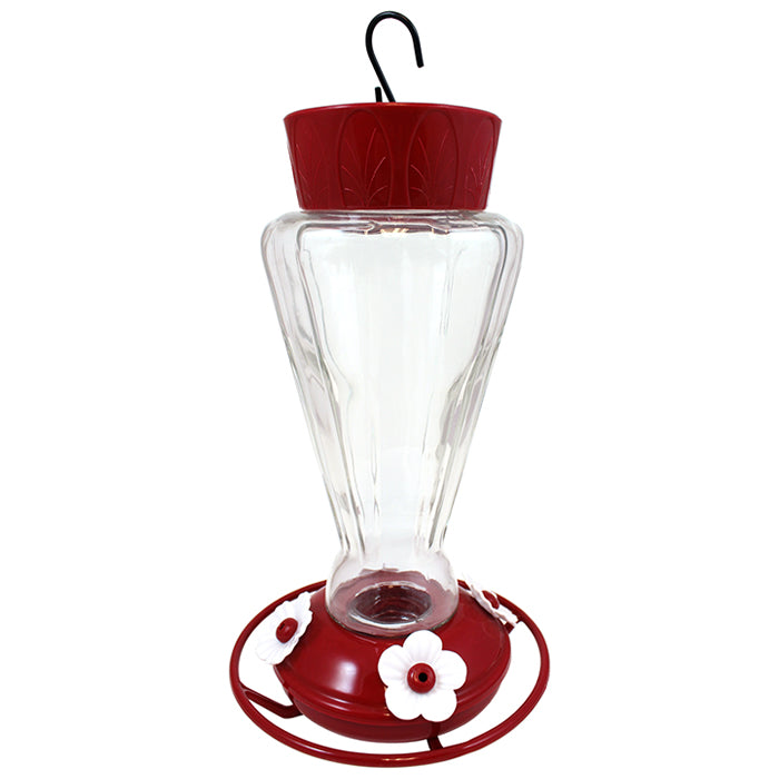 Royal Hummingbird Feeder with red top, clear glass reservoir, four white flower-shaped feeding ports, and built-in ant moat. Includes S-hook for easy hanging.