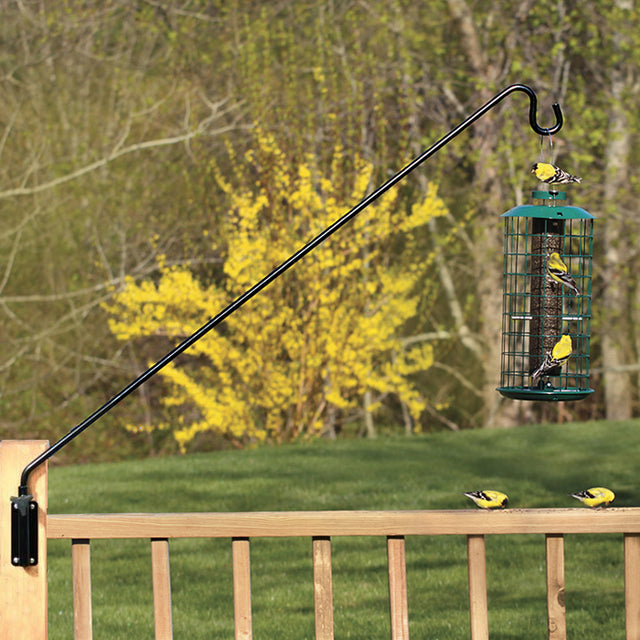 36 Extended Reach Wall Bracket holding a bird feeder with birds on it, attached to a wooden railing in an outdoor setting.