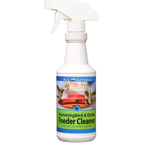 Hummer & Oriole Feeder Cleaner, 16 oz. spray bottle with a white cap and label, designed for removing organic scum and waterline rings from bird feeders.