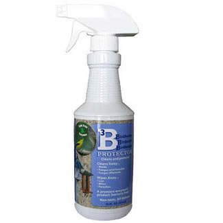 3B Protection Spray 16 oz. Spray, a white spray bottle with a blue label, designed for cleaning bird feeders and birdhouses, non-toxic and environmentally friendly.