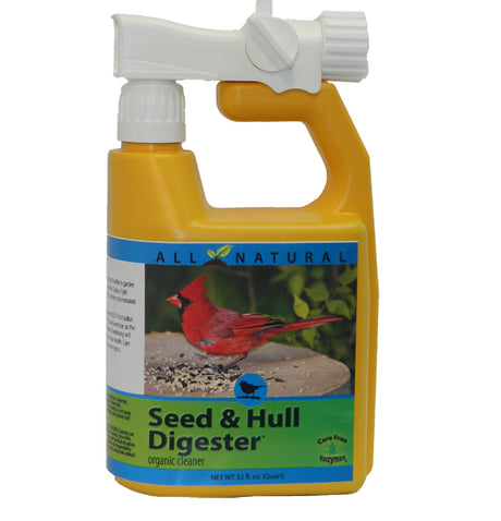 Yellow bottle with white cap labeled Seed & Hull Digester, a 32 oz. natural enzyme spray for cleaning bird feeders, eliminating bacteria, and digesting seed hulls.