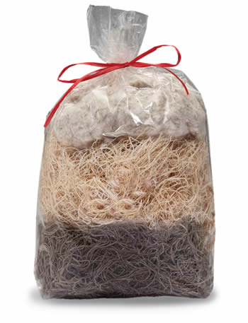 Woodland Treat Basket Refill: A plastic bag with a red ribbon containing natural nesting materials, ideal for attracting and supporting nesting birds in your backyard.