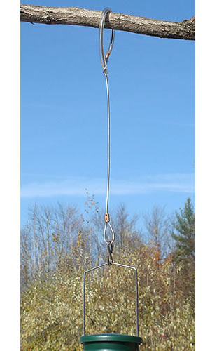 Protected Limb Hangers: close-up of a metal hook with a wire and clear plastic cover, ideal for hanging bird feeders and protecting tree bark.