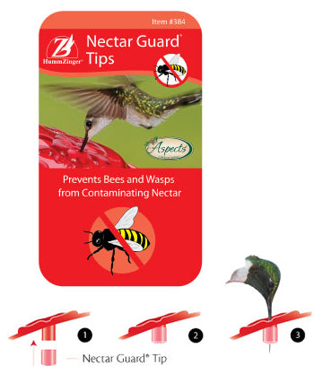 Aspects Nectar Guard Tip Replacements: Pack of 12 tips designed to keep bees and wasps out of hummingbird feeders, featuring a flexible plastic barrier.