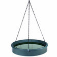 Hanging Verdigris Bird Bath with steel frame, green resin insert, and removable dish. Features a 1-1/4 deep basin and includes a 17-1/4 galvanized chain for hanging.