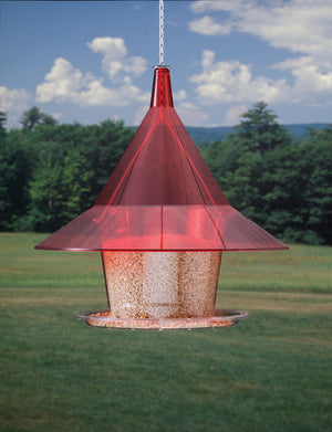 Arundale Ruby Sky Cafe bird feeder with a red cone-shaped hopper, 24-inch hanging chain, and a 2-inch wide seed tray. Holds up to 10 lbs.