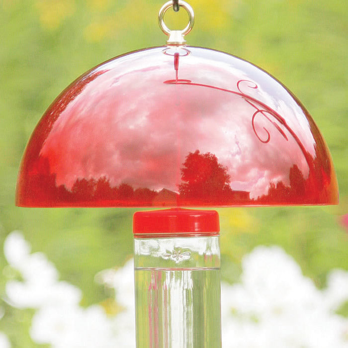 Hummer Helmet, a dome-shaped bird feeder baffle with hanging hardware, protects feeders from weather and enhances attraction for hummingbirds with its design. Measures 12 inches in diameter.