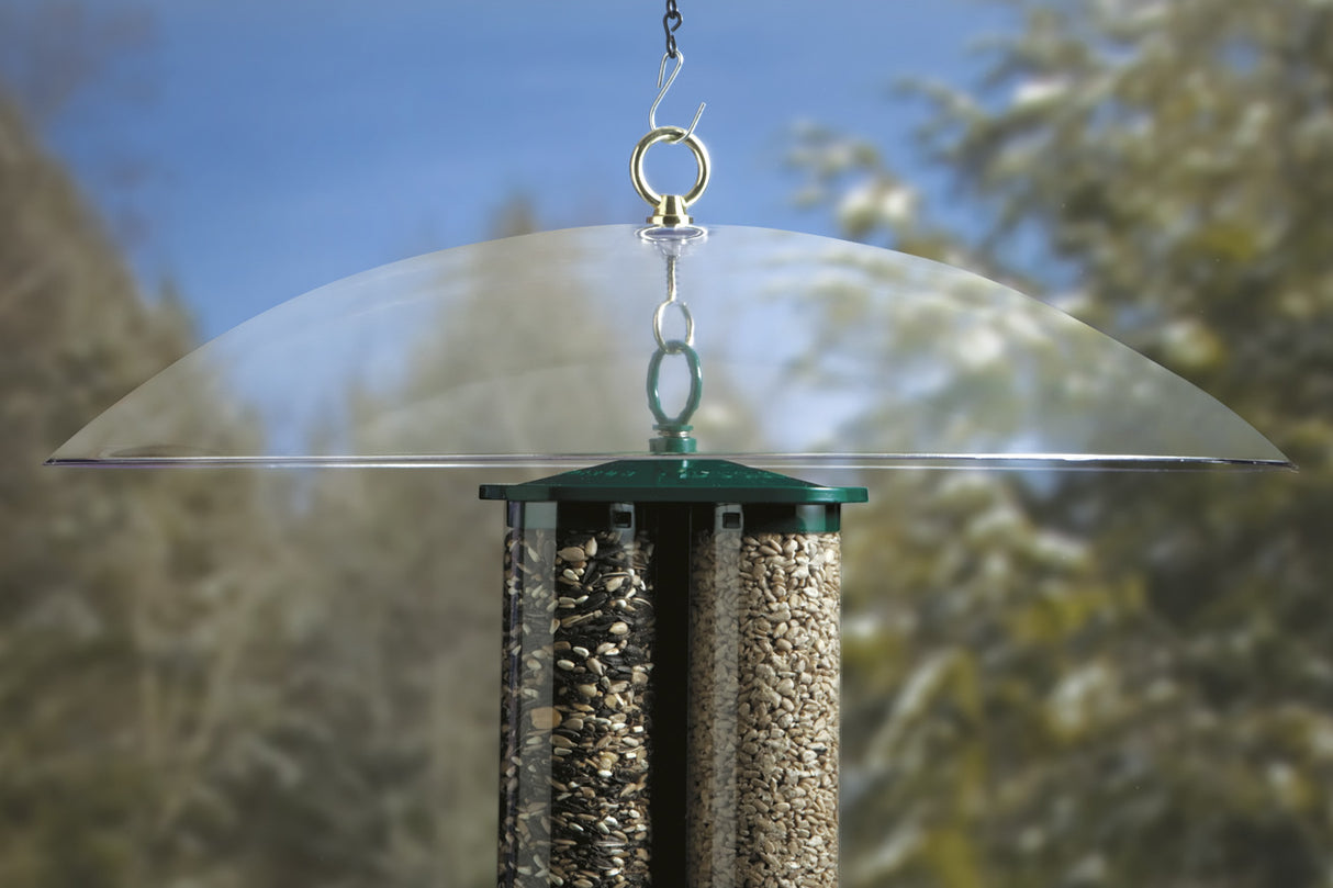 20 Clear Squirrel Baffle shown hanging, featuring a wide, tilting design to prevent squirrels from accessing bird seed. Includes eye and bottom hooks for easy hanging.