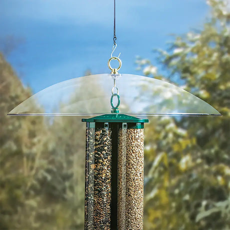 20 Clear Squirrel Baffle with dual seed tubes, featuring a wide, tilting dome to deter squirrels, ensuring only birds access the feeder.
