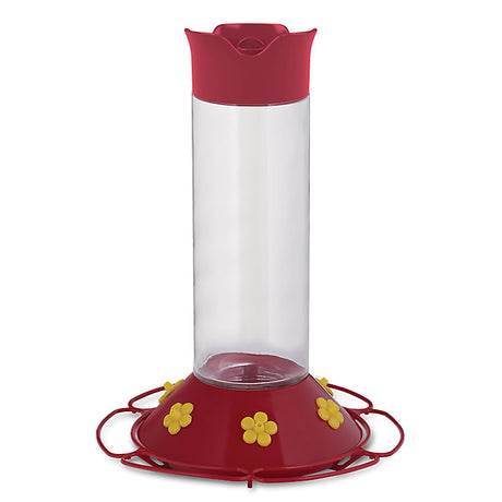 30 Ounce Glass Hummingbird Feeder with six feeding ports, wraparound perch, clear glass reservoir, and red and yellow plastic base, featuring an S-hook for hanging.