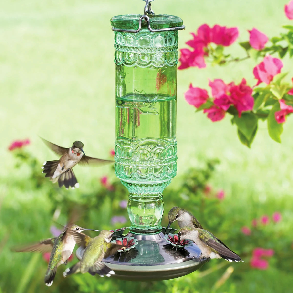 Antique Hummingbird Feeder with vintage-style green glass, featuring four red and green flower feeding ports and a no-drip design.