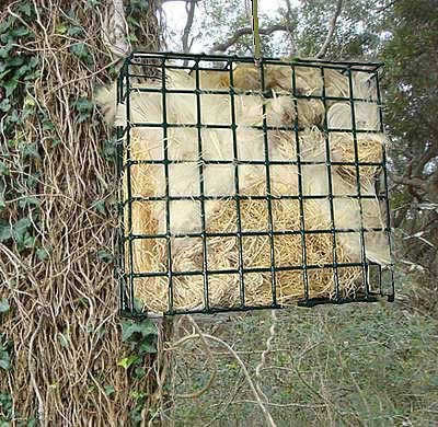 Duncraft BestBasic Nest Builder & Cage: A caged feeder filled with hay, hanging from a tree branch, set against an outdoor backdrop with fencing and grass.