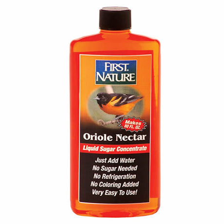 Bottle of Orange Oriole Liquid Nectar concentrate, labeled, 16 oz size, designed for easy mixing with water to make oriole bird feed.