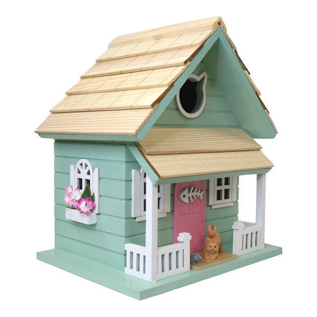 Kitty Cottage Birdhouse with a small structure, keyhole for hanging, and 1.25″ entrance, designed to attract garden birds like wrens and finches.