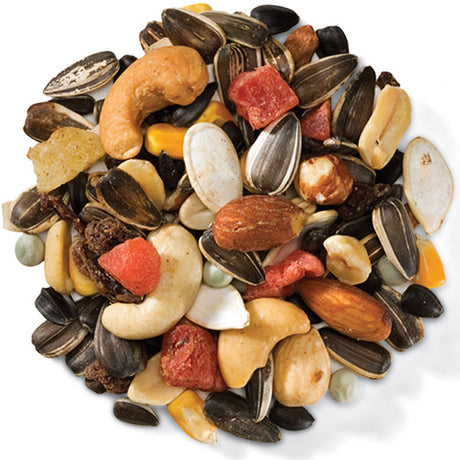 Brown's Woodpecker & Songbird Trail Mix Wild Bird Seed, 5-lb bag, featuring a close-up of a mix of nuts, seeds, and dried fruits.