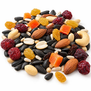 Close-up of Nut, Fruit & Berry wild bird seed blend with black oil sunflower seeds, peanuts, almonds, dried cranberries, raisins, and fruit pieces.
