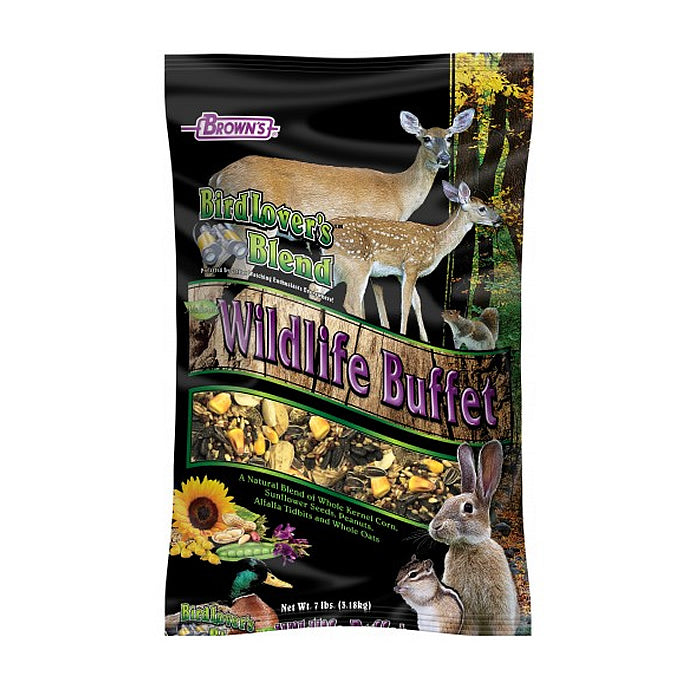 Brown's Bird Lover’s Blend Wildlife Buffet, 7-lb bag, showcasing various animals, including a deer, rabbit, chipmunk, and dog, on the packaging.